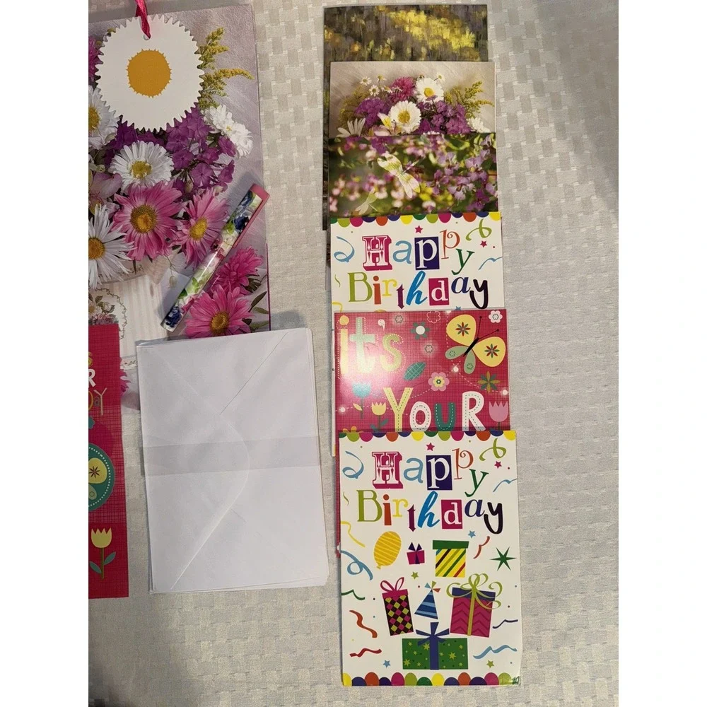 Gem Stone 13 PC Pink Floral Birthday Cards Gift Bags Tissue Pen Set
